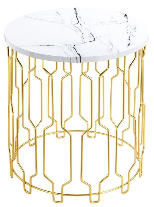Grace White Marble Effect Round End Table with Geometrical Base