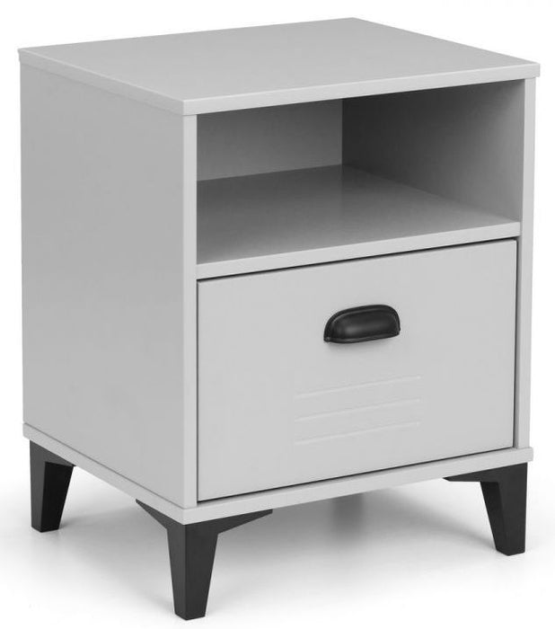 Lakers Grey Metal Effect Lacquer Pine 1 Drawer Bedside Cabinet