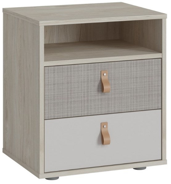 Denim 2 Drawer Bedside Cabinet in Light Walnut, Grey Fabric Effect and Cashmere