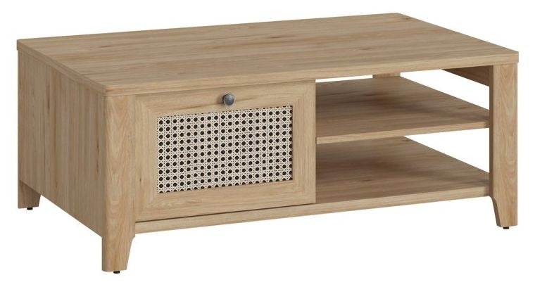 Cestino Coffee Table with 1 Drawer in Jackson Hickory Oak and Rattan Effect