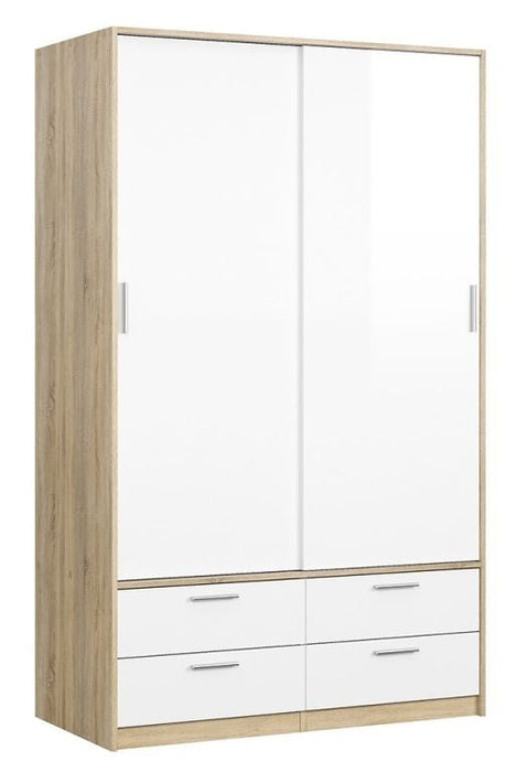 Line Wardrobe 2 Door 4 Drawer in Oak with White High Gloss