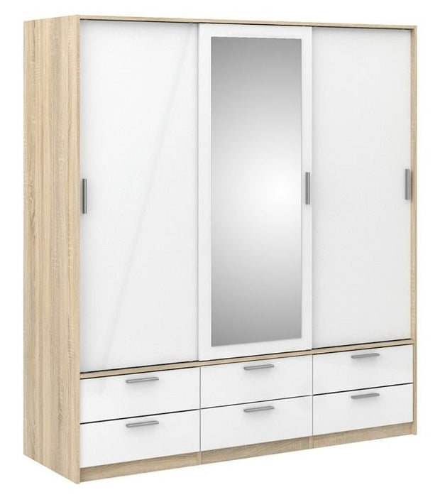 Line Wardrobe 3 Door 6 Drawer in Oak with White High Gloss