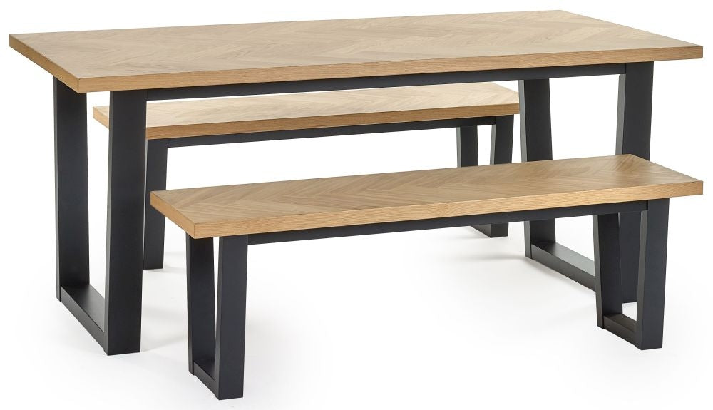 Hilton Black and Oak Herringbone Dining Set with 2 Bench