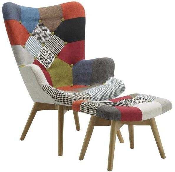 Sloane Multi Coloured Patchwork Fabric Armchair and Stool