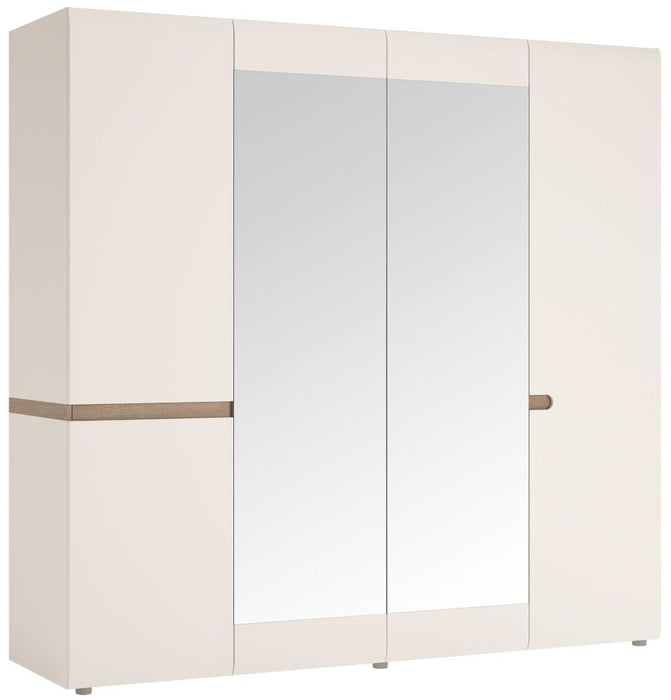 Chelsea Bedroom 4 Door Wardrobe with Mirrors in White with Truffle Oak Trim