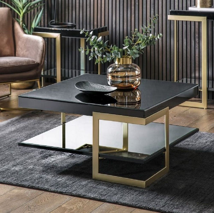 Ardella Black Glass Square Coffee Table - Gold Base