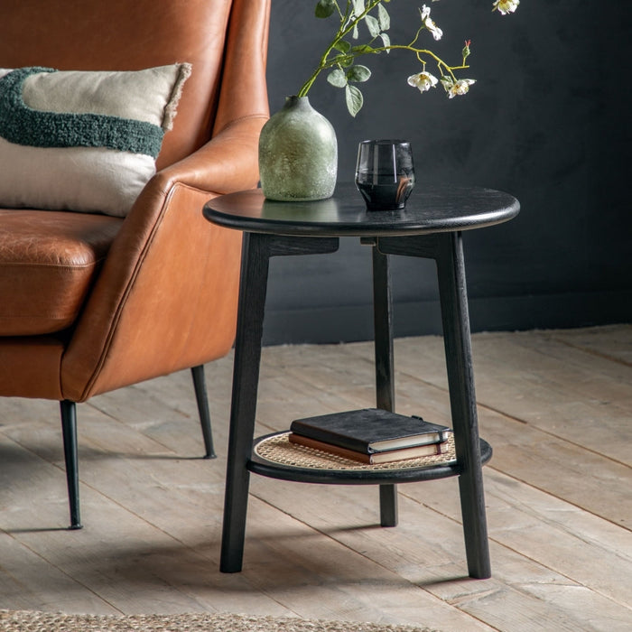 Skylar Black Rattan Round Bedside Table
