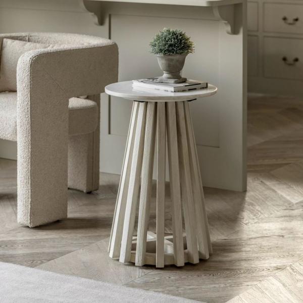 Soho White Marble Round Side Table - Pedastal Slatted Base