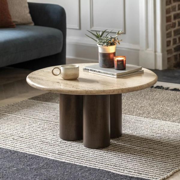 Trevi Travertine Stone Dark Wood 75cm Round Coffee Table