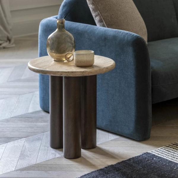 Trevi Travertine Stone Dark Wood Round Side Table