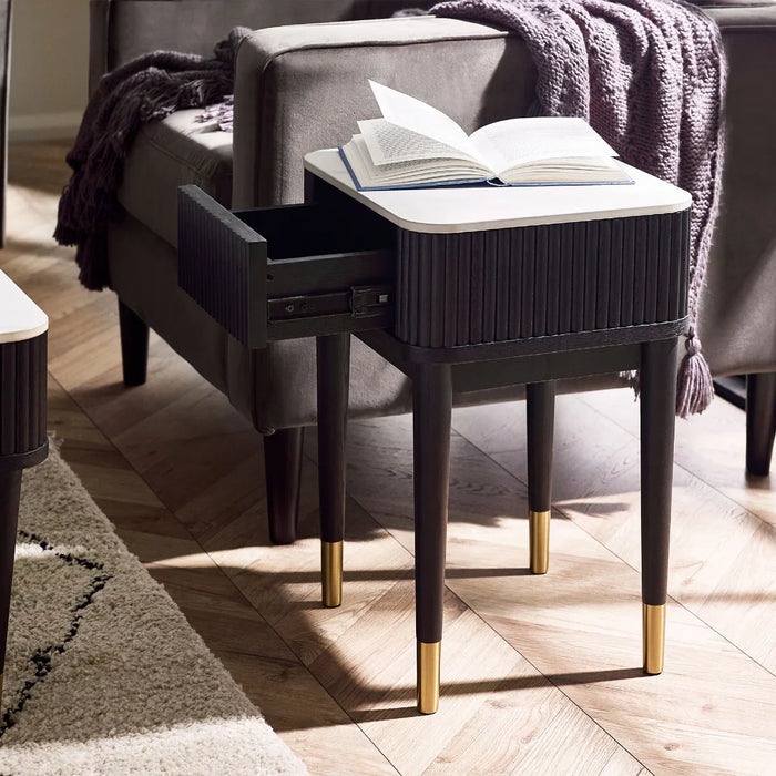 LOUIS BLACK FLUTED STONE TOP LAMP TABLE WITH DRAWER