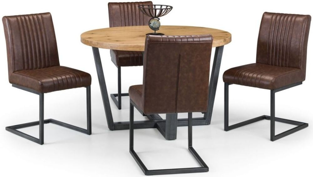 Brooklyn Rustic Oak 4 Seater Round Dining Table and 4 Brown Leather Chairs
