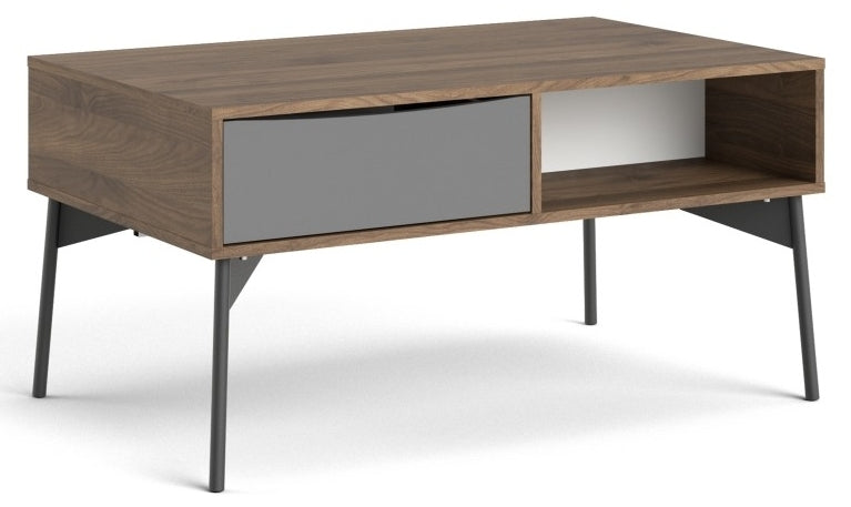 Fur Coffee Table with 1 Drawer in Grey, White and Walnut