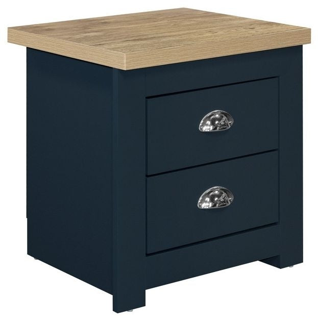 Highgate Blue and Oak Effect Bedside Cabinet - 2 Drawers