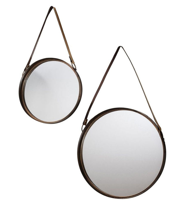 Marston Bronze Leather Hanging Strap Round Mirror (Set of 2) - 40cm-30cm