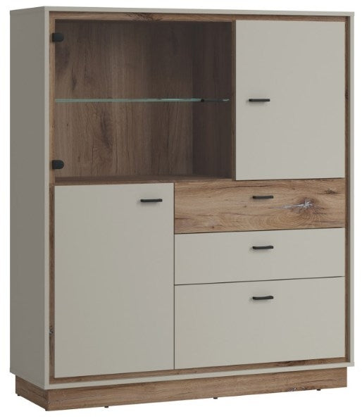 Rivero 3 Door 3 Drawer Low Display Cabinet in Grey and Oak