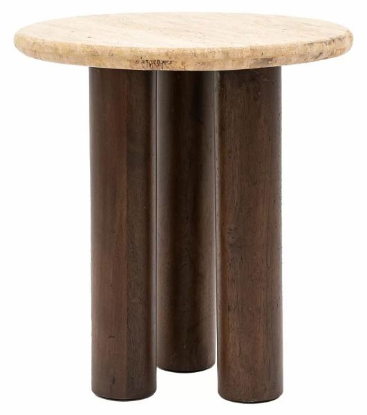 Trevi Travertine Stone Dark Wood Round Side Table