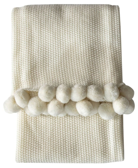 Rustic Moss Stitched Pom Pom Cream Fabric Throw