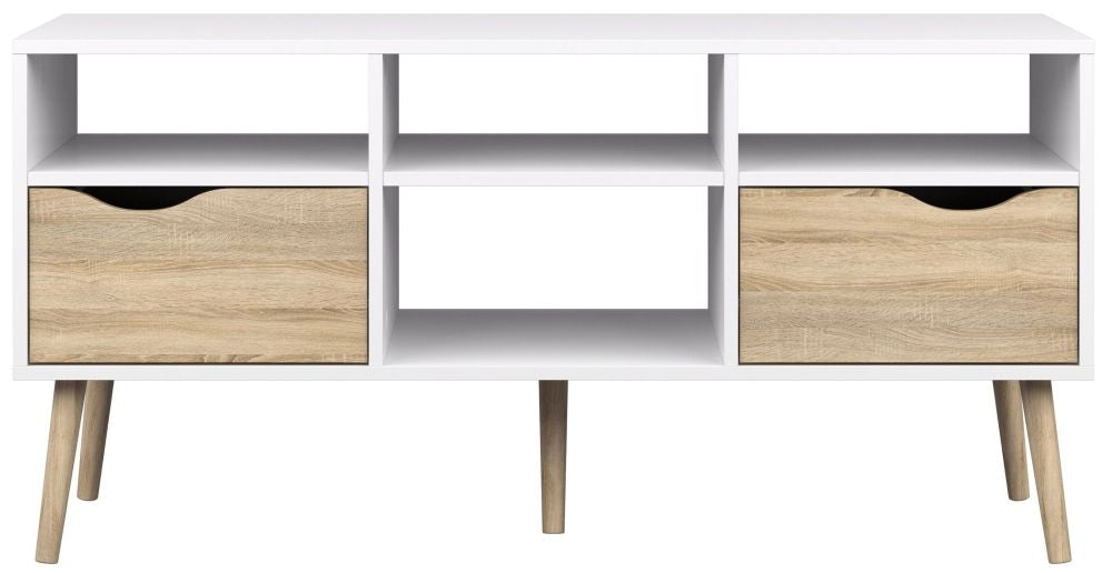 Oslo White and Oak 2 Drawer Wide TV Unit