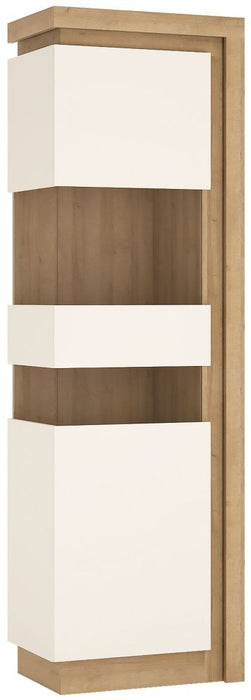 Lyon Tall Narrow Display Cabinet in Riviera Oak and White High Gloss (LHD)