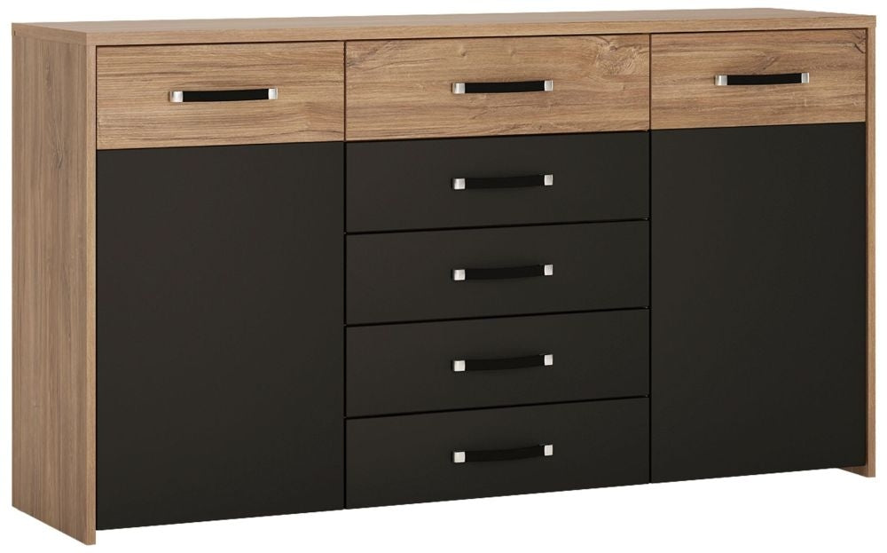 Monaco Black and Oak 2 Door 5 Drawer Wide Cupboard