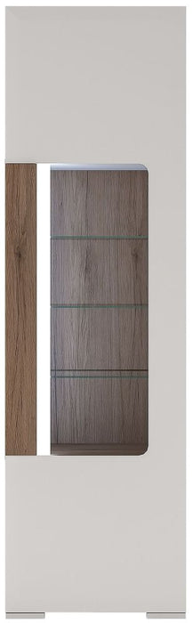 Toronto Tall Narrow Glazed Display Cabinet with internal Shelves in Gloss White and Sanremo Oak