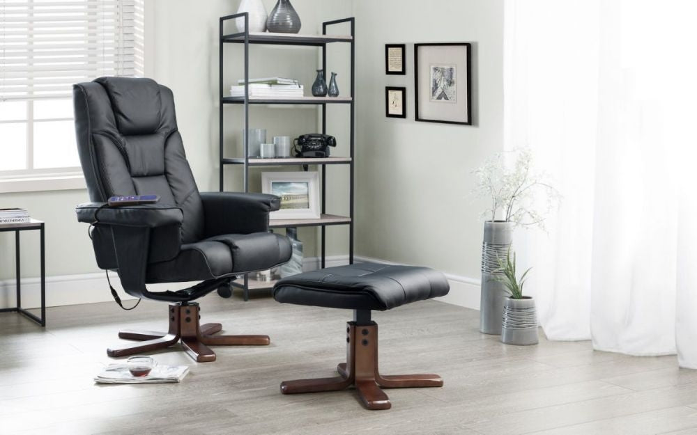 Malmo Black Leather Recliner Chair and Stool