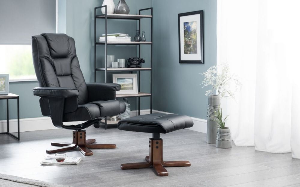 Malmo Black Leather Recliner Chair with Footstool