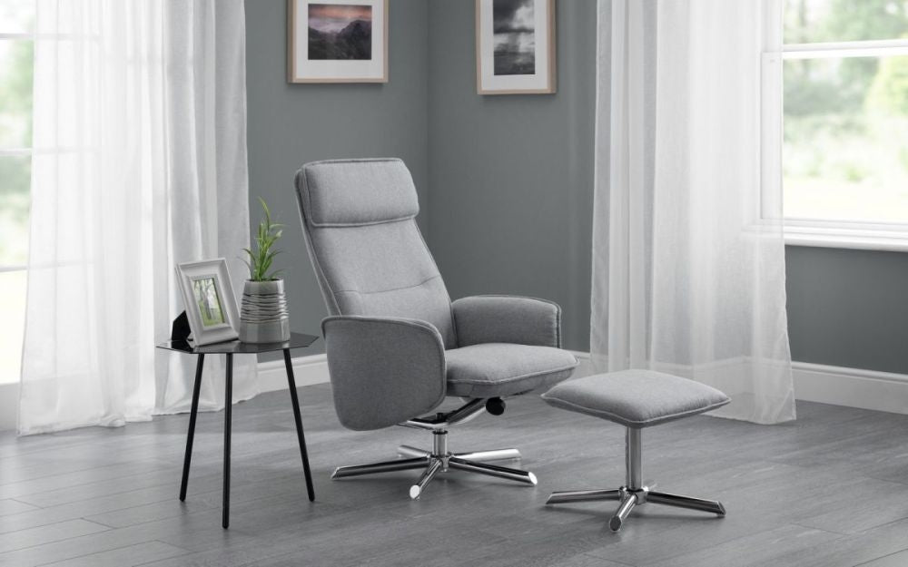 Aria Grey Linen Fabric Recliner Chair and Stool
