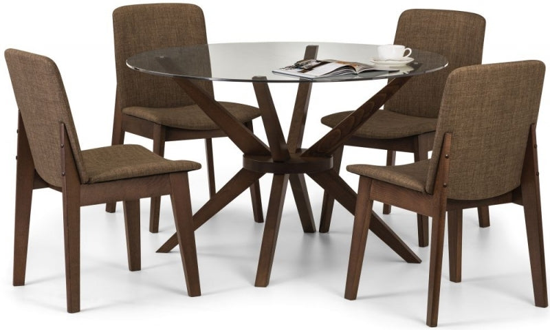 Chelsea Walnut and Glass Round 4 Seater Dining Set with 4 Kensington Chairs