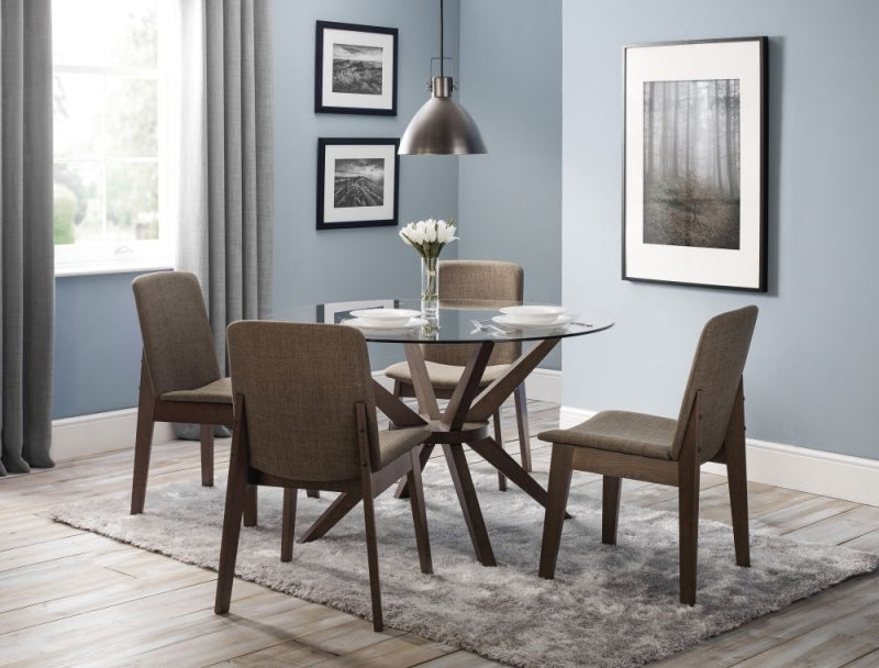Chelsea Walnut and Glass Round 4 Seater Dining Set with 4 Kensington Chairs