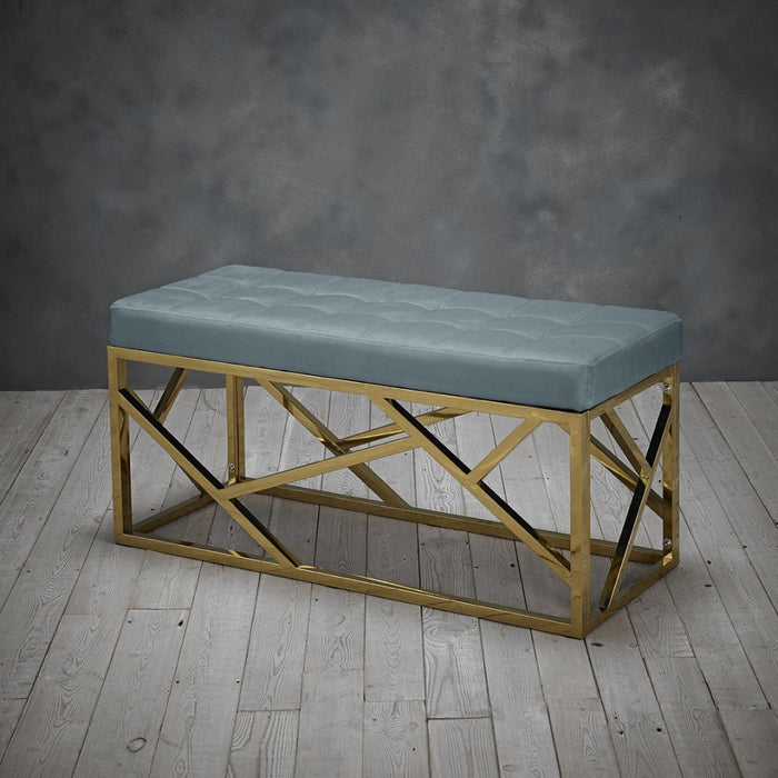 Renata Green Velvet Fabric Bench with Gold Geometric Base