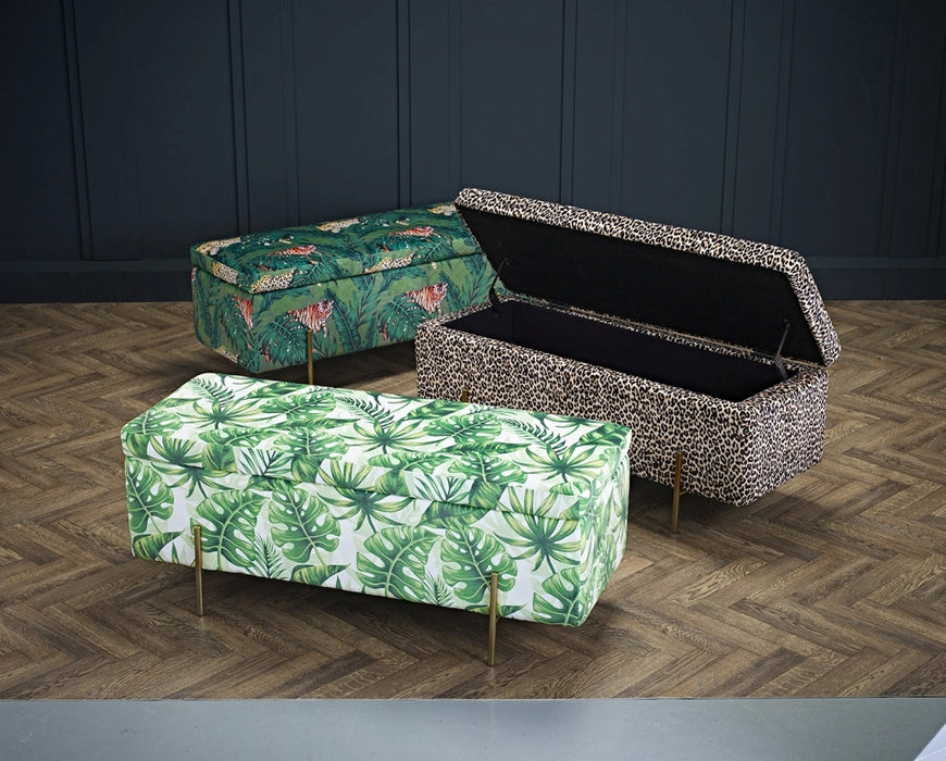 Lola Palm Print Fabric Ottoman Bench