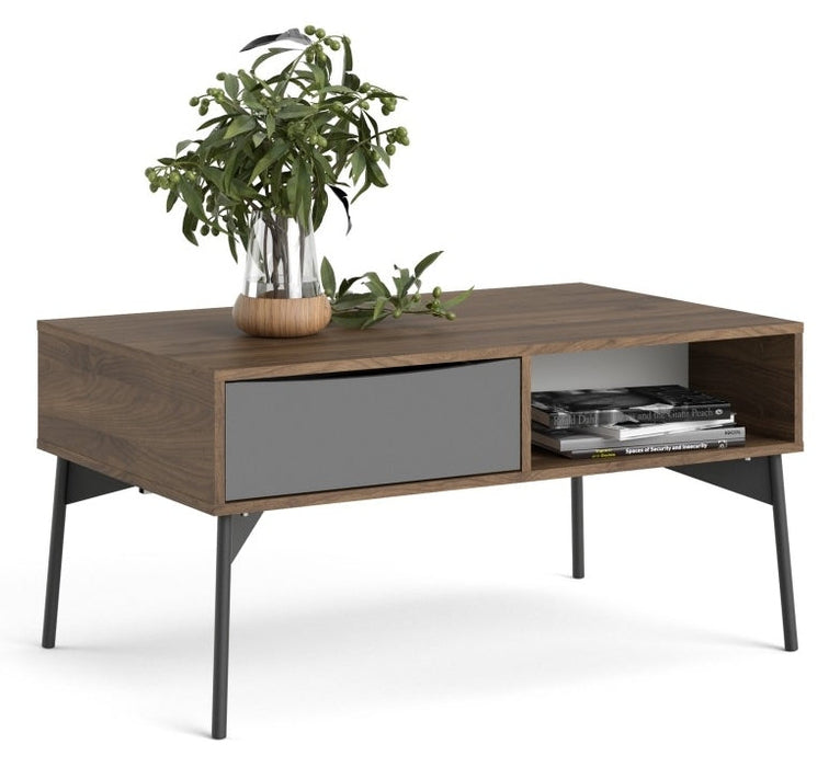 Fur Coffee Table with 1 Drawer in Grey, White and Walnut
