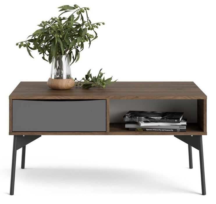 Fur Coffee Table with 1 Drawer in Grey, White and Walnut