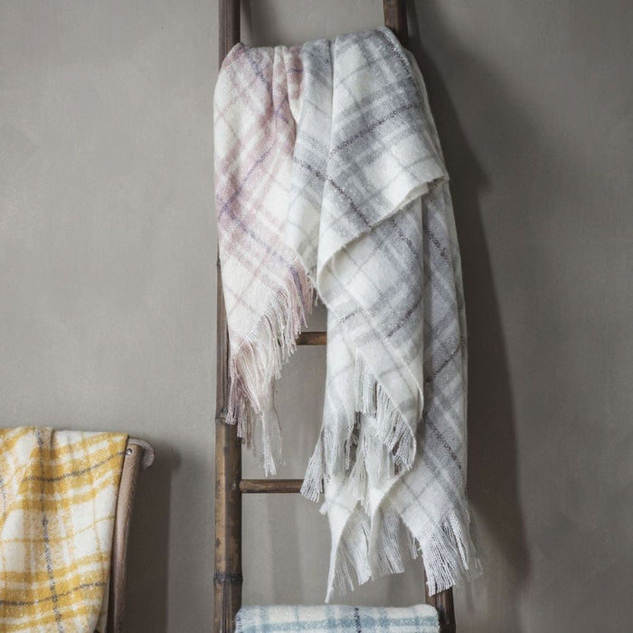 Check Frayed Fringing Grey Mohair Fabric Throw
