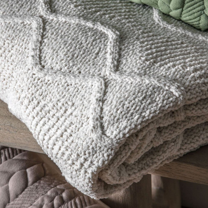 Chenille Chunky Cable Knit Diamond Cream Fabric Throw
