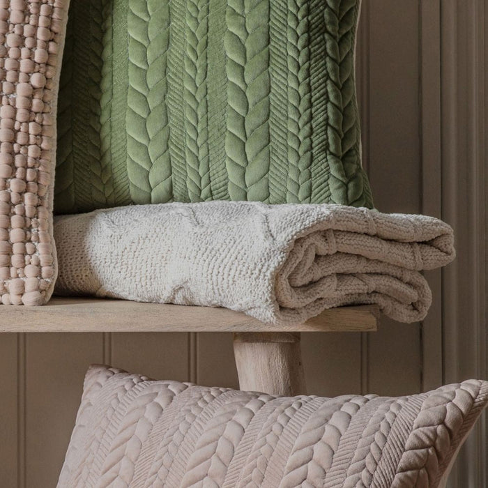 Chenille Chunky Cable Knit Diamond Cream Fabric Throw