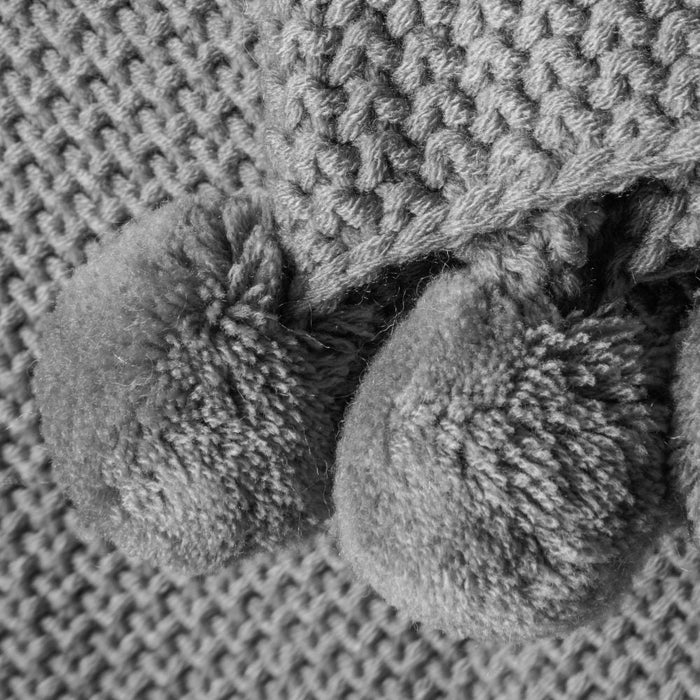 Moss Stitched knitted Pom Pom Grey Fabric Throw