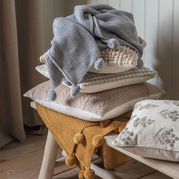 Moss Stitched knitted Pom Pom Grey Fabric Throw