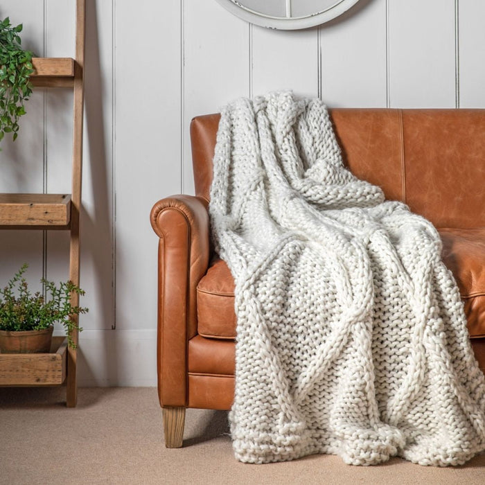 Cable Knit Diamond Cream Fabric Throw