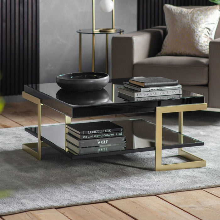 Ardella Black Glass Square Coffee Table - Gold Base