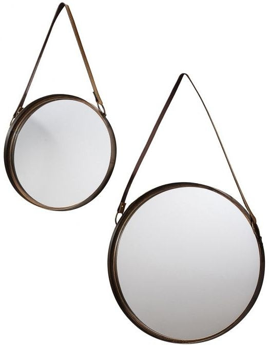 Marston Bronze Leather Hanging Strap Round Mirror (Set of 2) - 40cm-30cm