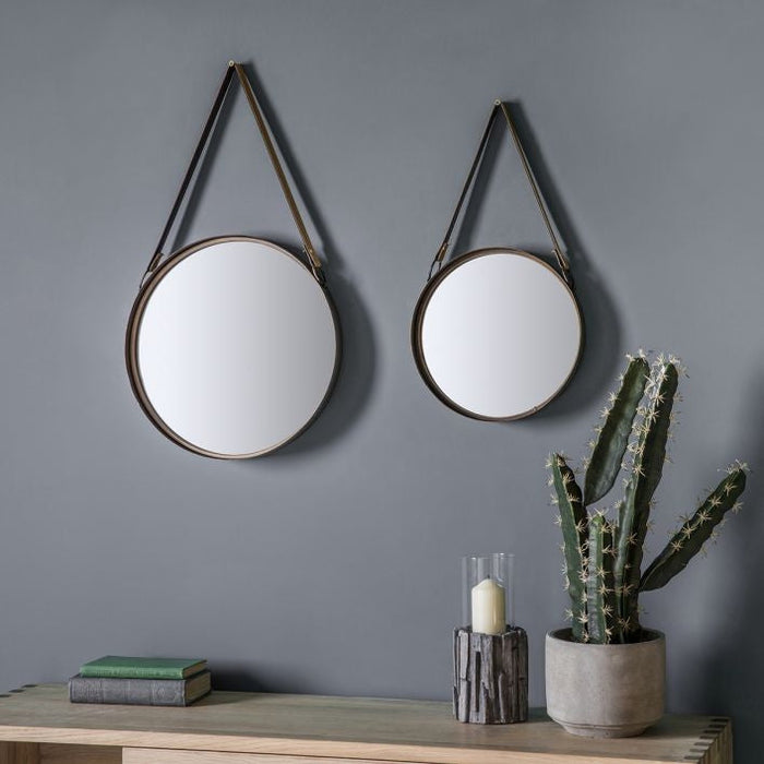 Marston Bronze Leather Hanging Strap Round Mirror (Set of 2) - 40cm-30cm