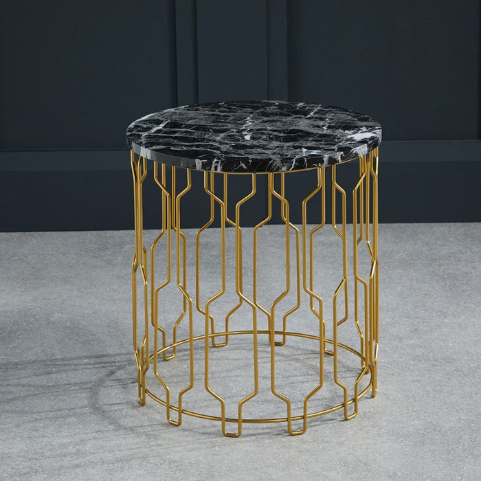 Grace Black Marble Effect Round End Table with Geometrical Base
