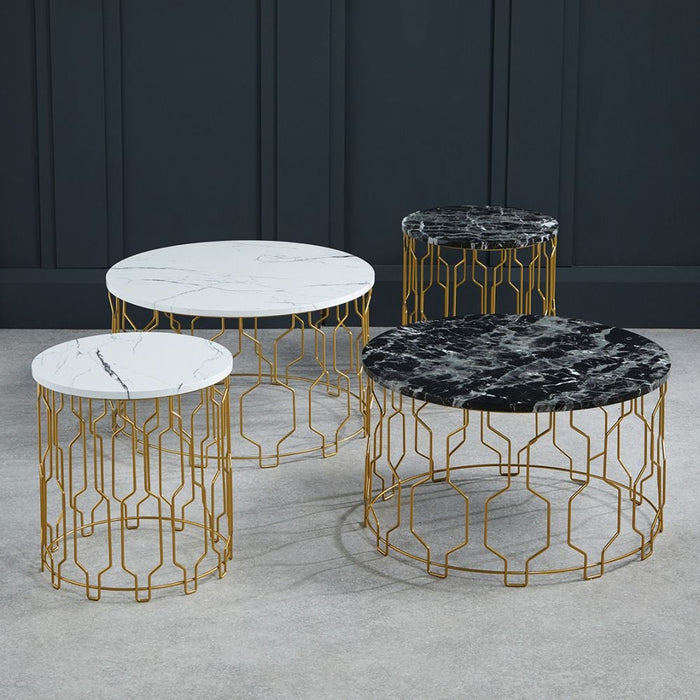 Grace Black Marble Effect Round End Table with Geometrical Base
