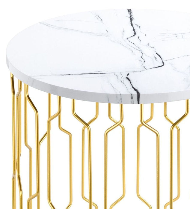 Grace White Marble Effect Round End Table with Geometrical Base