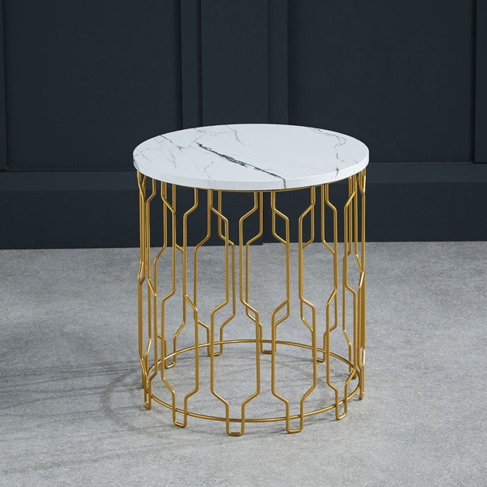 Grace White Marble Effect Round End Table with Geometrical Base