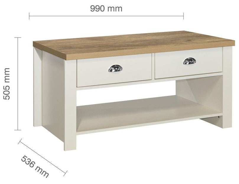 Highgate Cream and Oak Effect Coffee Table - 2 Drawers