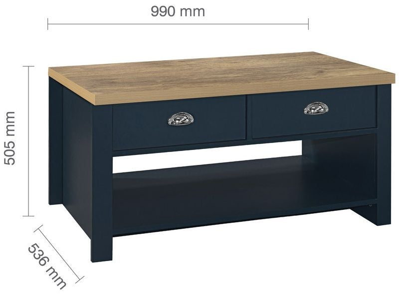 Highgate Blue and Oak Effect Coffee Table - 2 Drawers